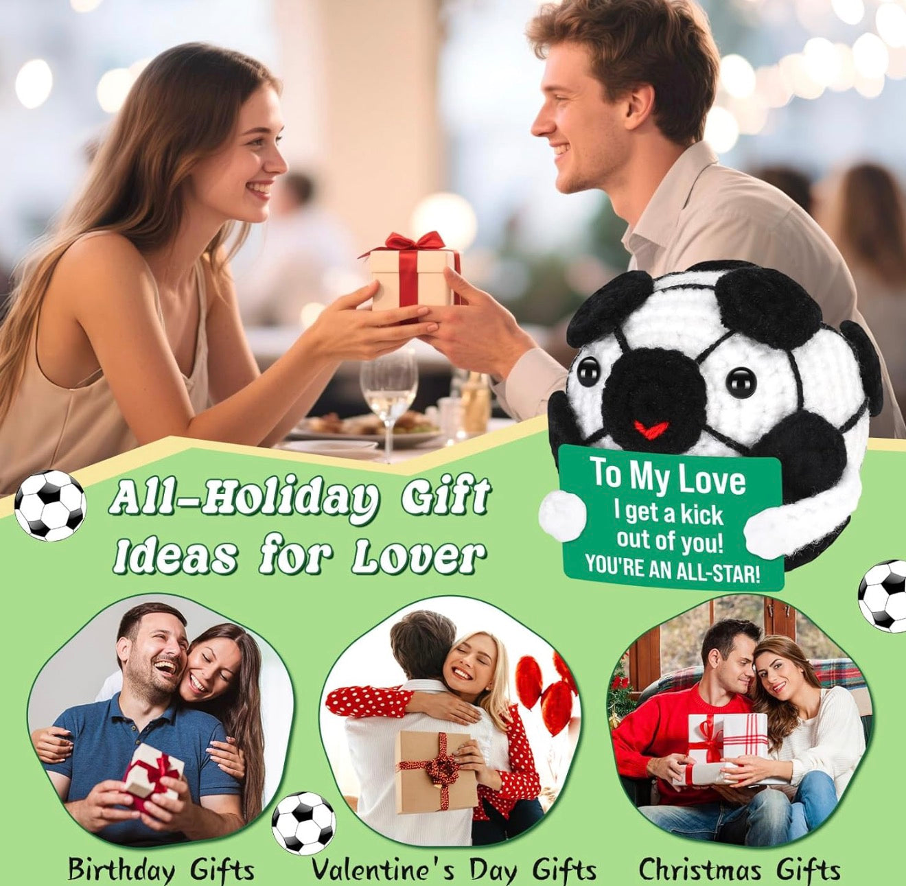 Couple exchanging gifts with a soccer-themed plush toy and text about holiday gift ideas.