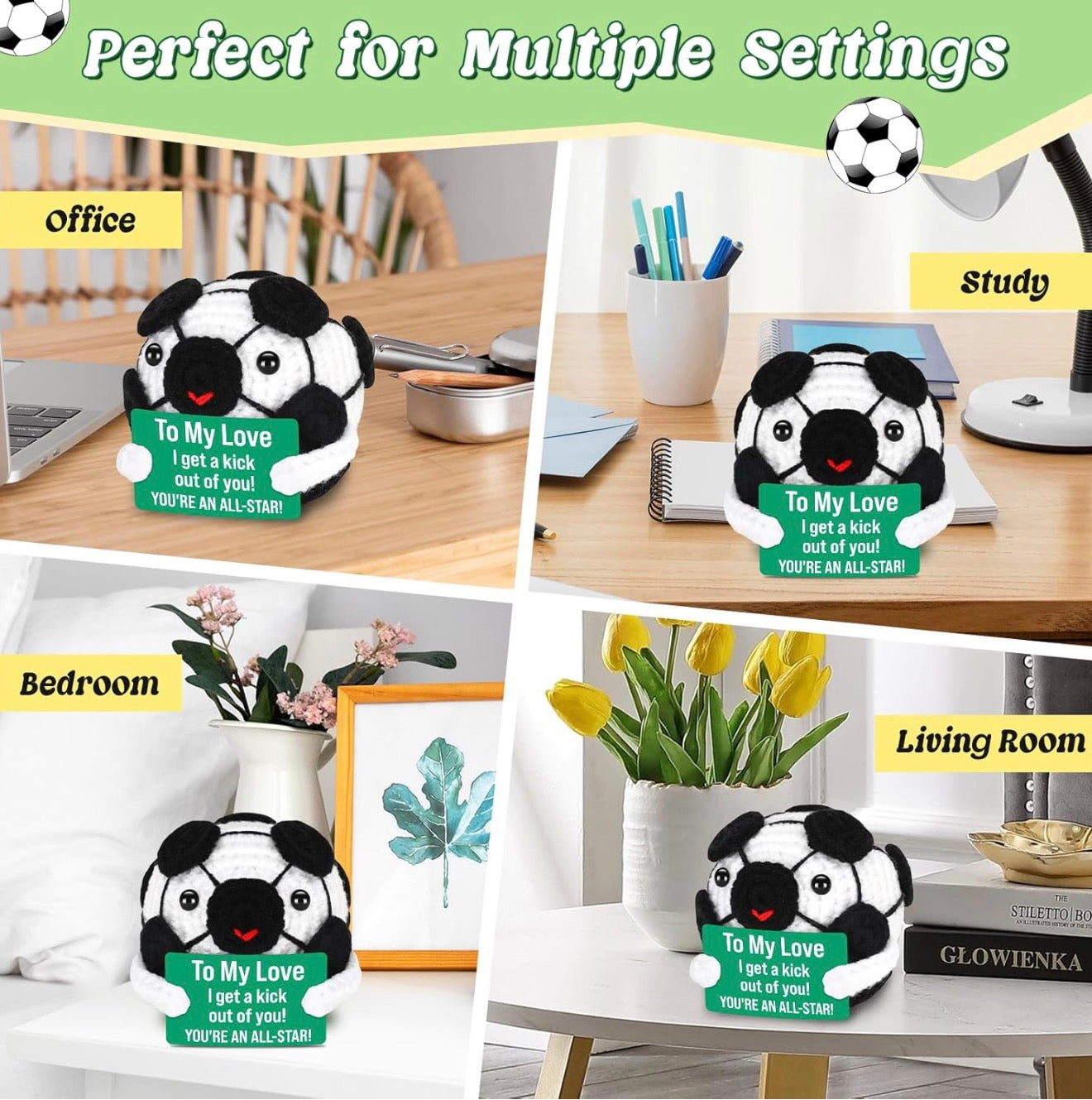 Soccer-themed plush toy with a card in various settings including office, study, bedroom, and living room.