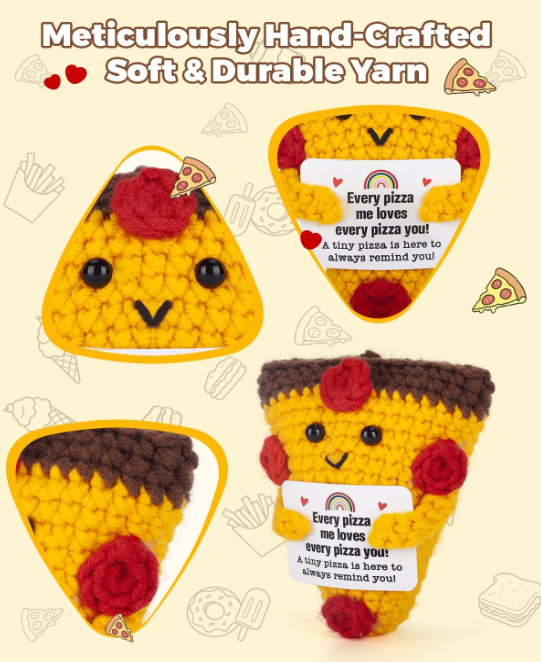 Three crochet pizza slices with yarn details on a beige background with pizza-themed graphics.