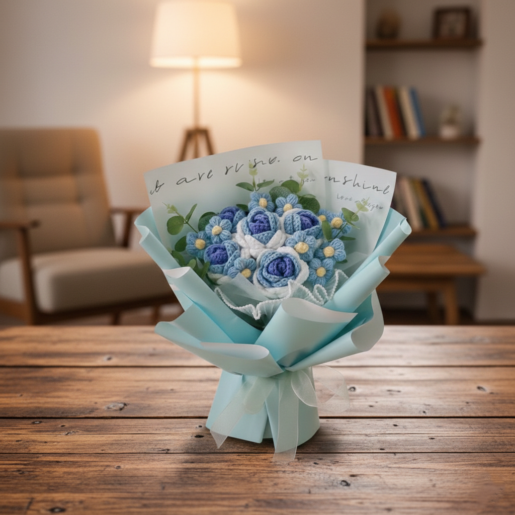 Bouquet of blue flowers with a matching card on a wooden table in a cozy room.