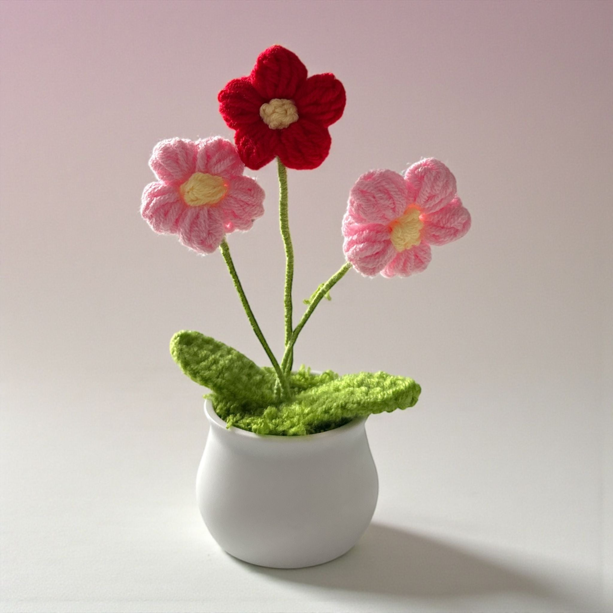 Handmade Crochet Pink Flower Pot Mini Desk & Home Decor