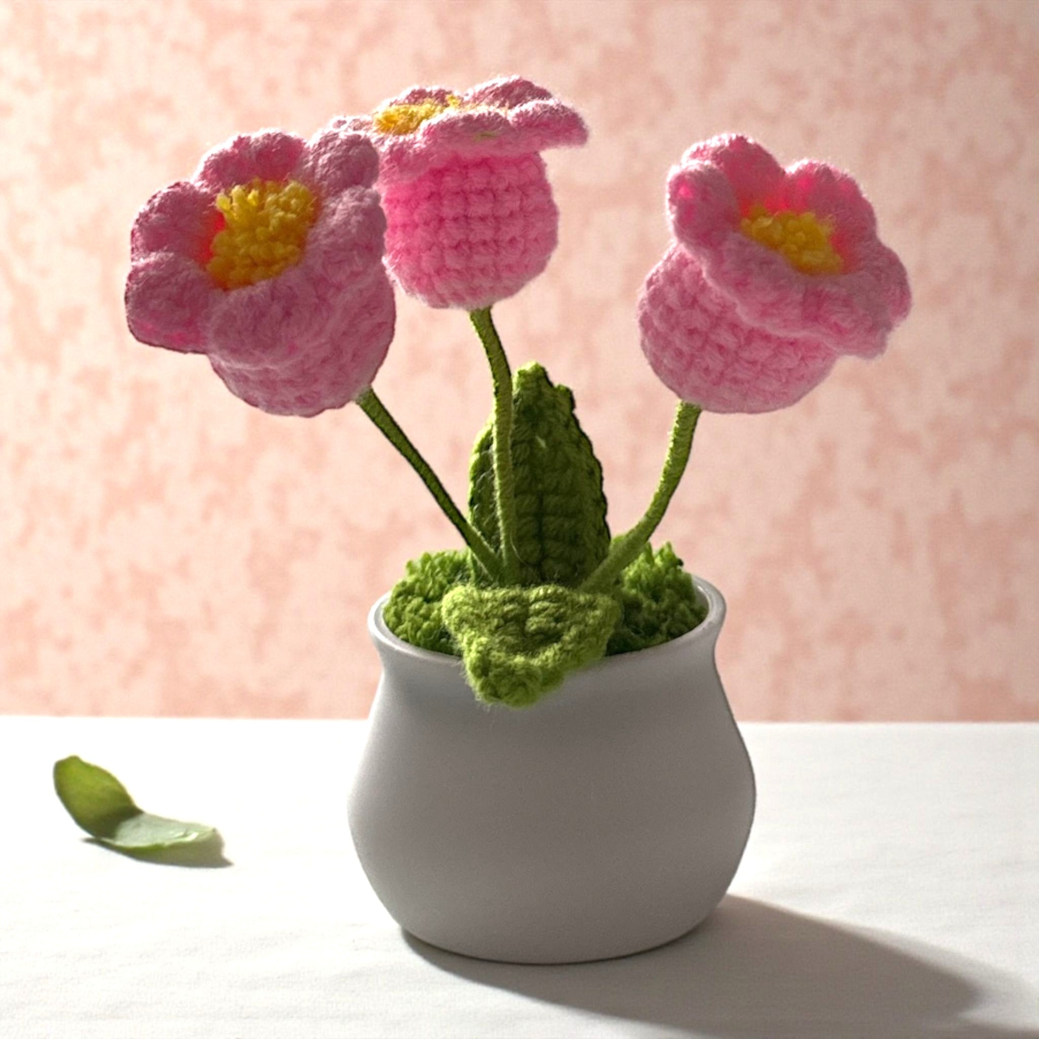 Handmade Crochet Flower Pot - Pink & White Mini Desk Decor