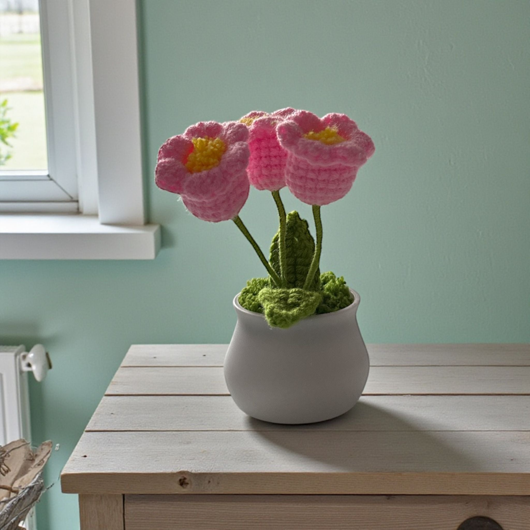 Handmade Crochet Flower Pot - Pink & White Mini Desk Decor