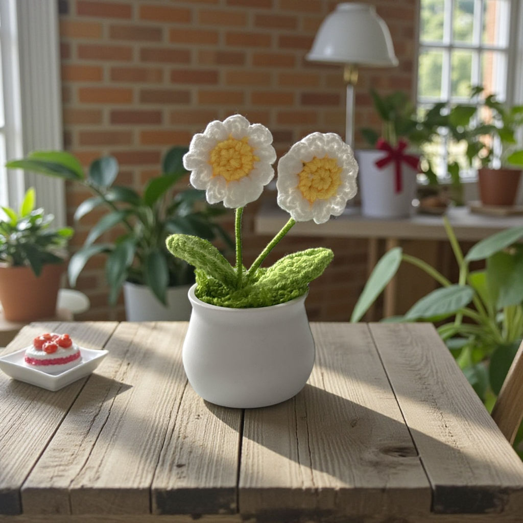 Handmade Crochet Flower Pot - Pink & White Mini Desk Decor