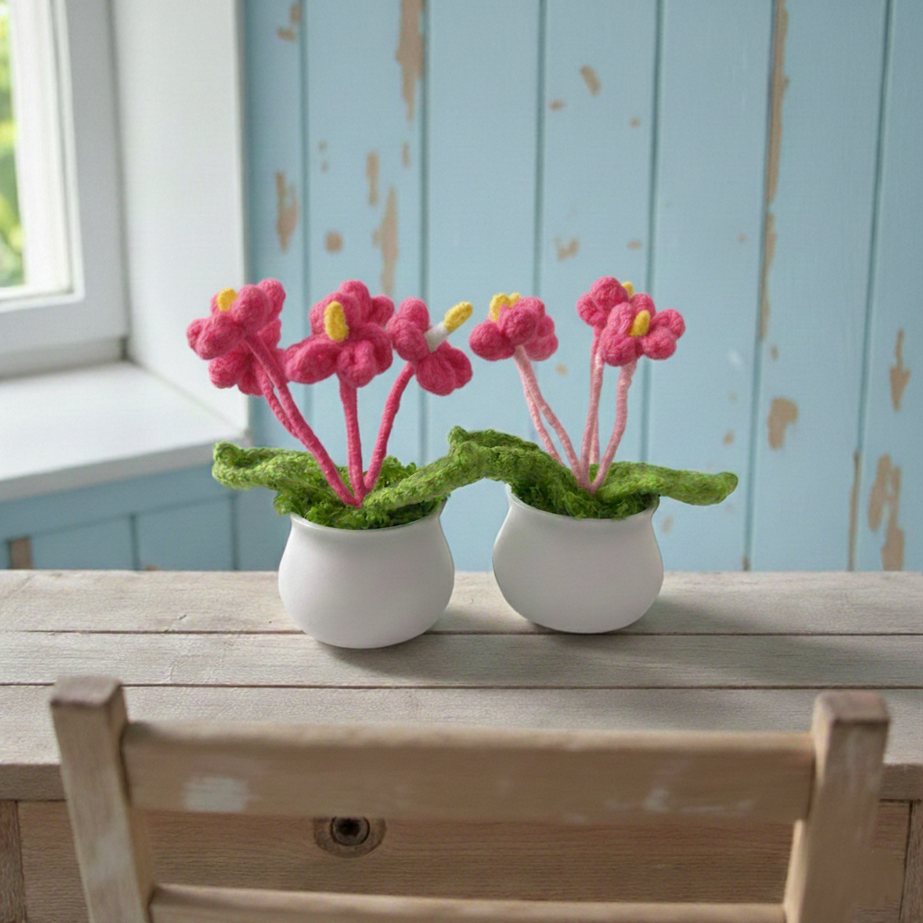 Handmade Crochet Mini Blossom Pots Soft Pastel Floral Desk Companions