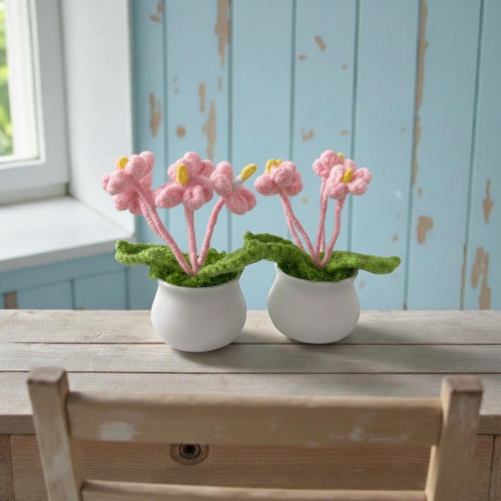 Two knitted pink flowers in white pots on a wooden surface with a light blue wooden wall in the background.