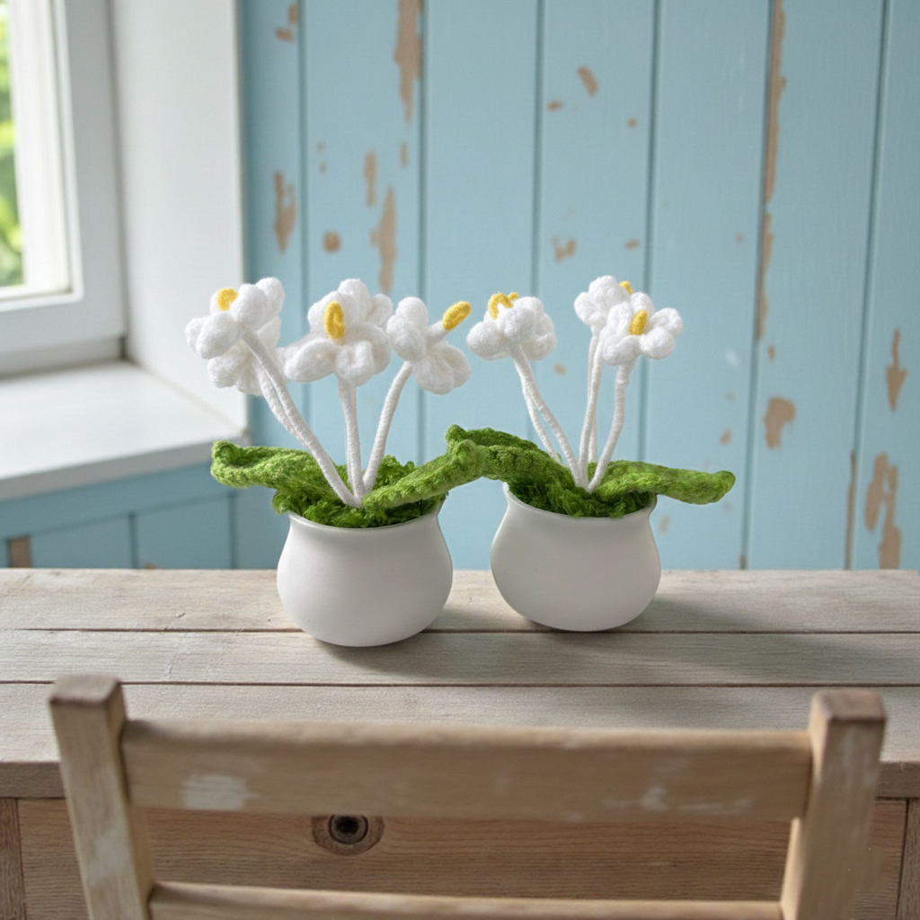 Two knitted white flowers with green leaves in white pots on a wooden surface.
