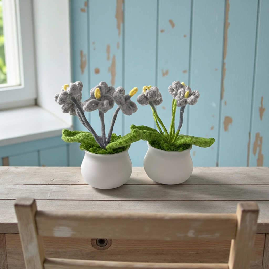Two knitted plants in white pots on a wooden surface with a blue wooden panel background.