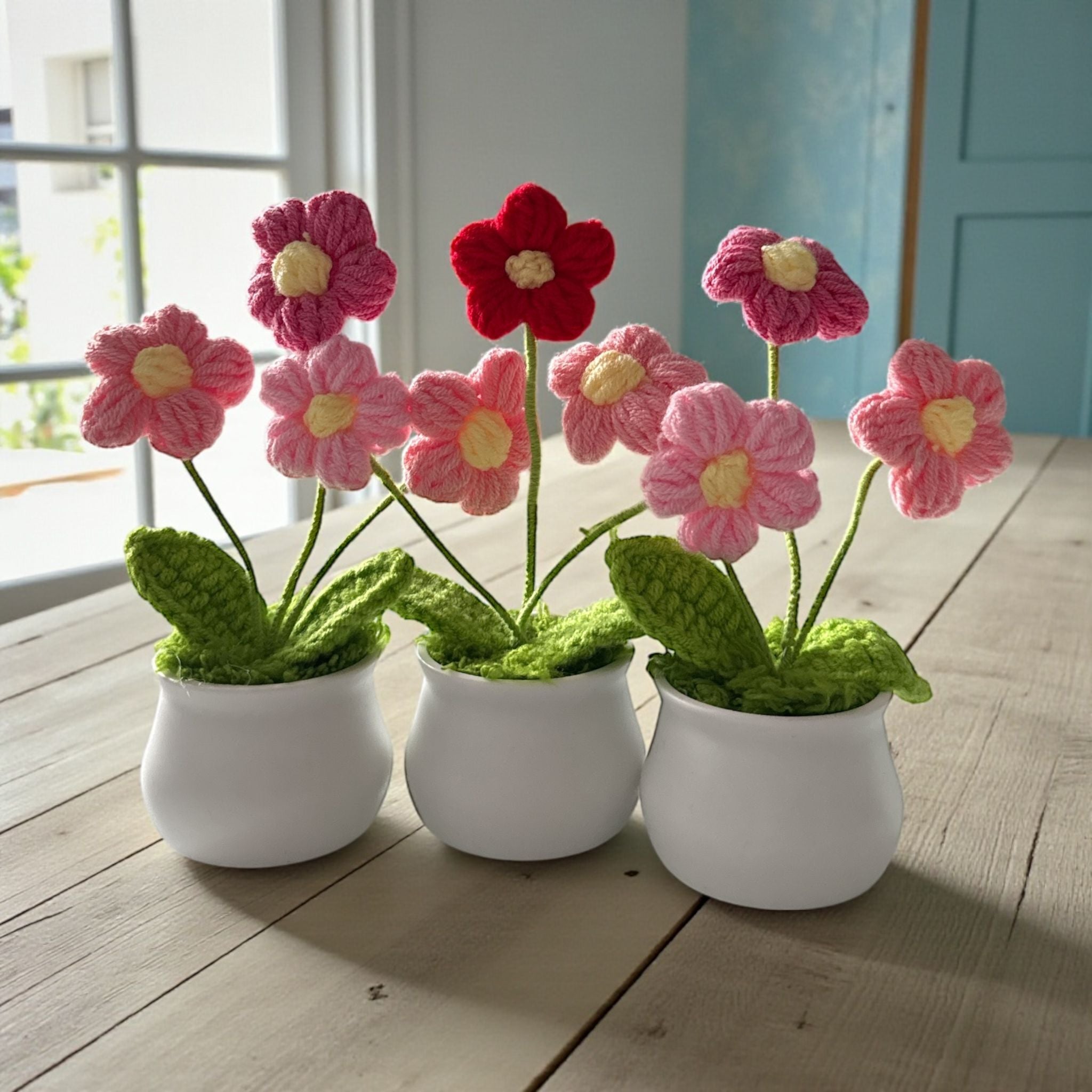 Handmade Crochet Pink Flower Pot Mini Desk & Home Decor