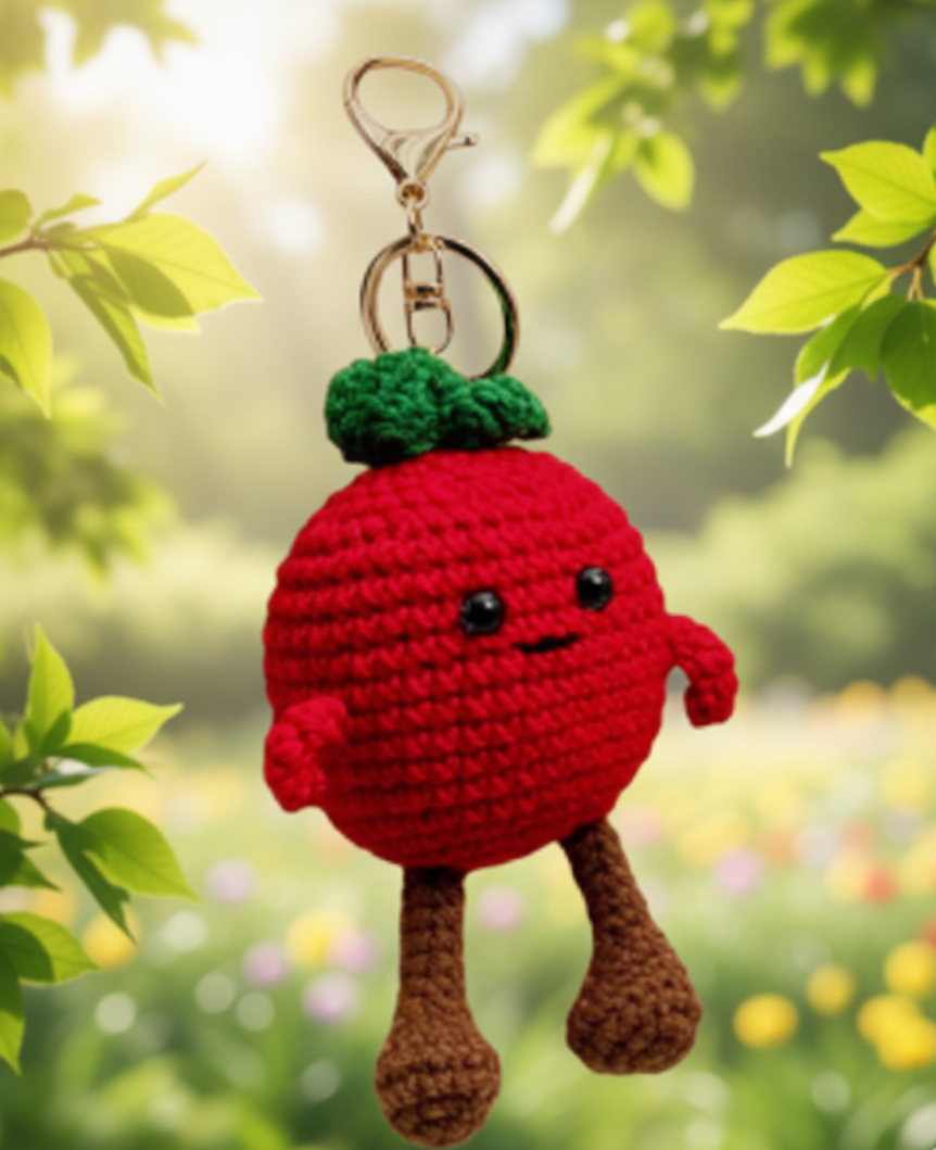 Crocheted strawberry keychain with a happy face against a blurred garden background
