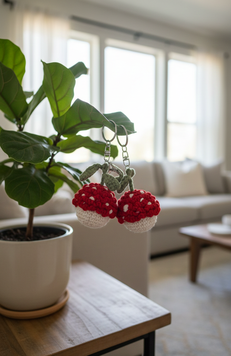 Red and white earrings hanging from a plant in a living room setting