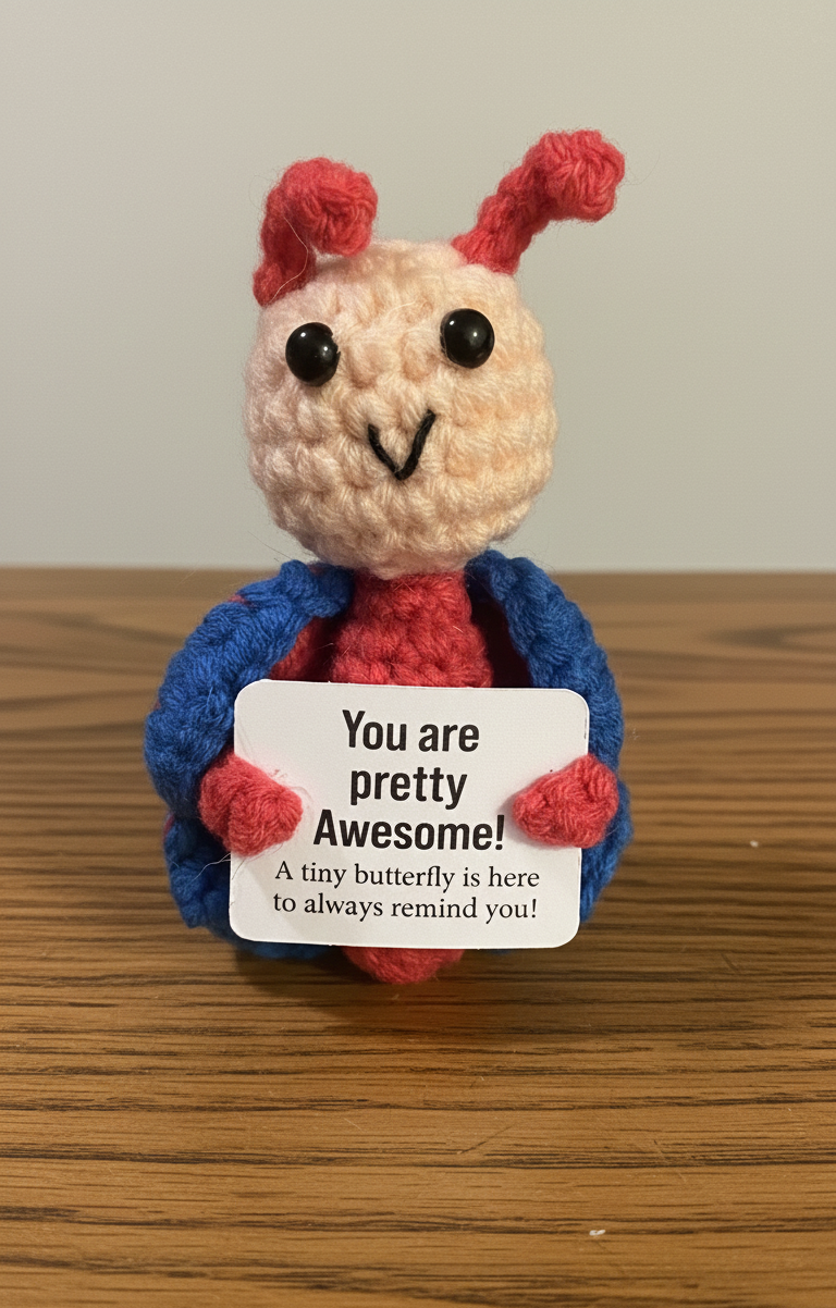 Crocheted butterfly toy holding a sign on a wooden surface