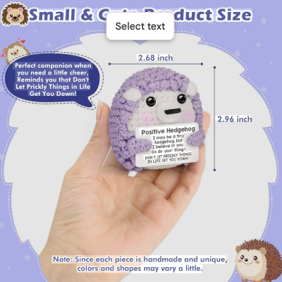 Purple hedgehog plush toy with text and measurements on a hand against a light purple background