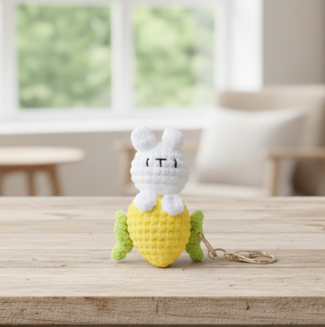 Crocheted keychain with a white bunny on a yellow pineapple base on a wooden surface.