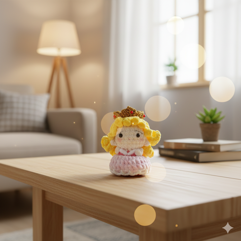 Small crocheted doll with blonde hair and a pink dress on a wooden table in a cozy living room.