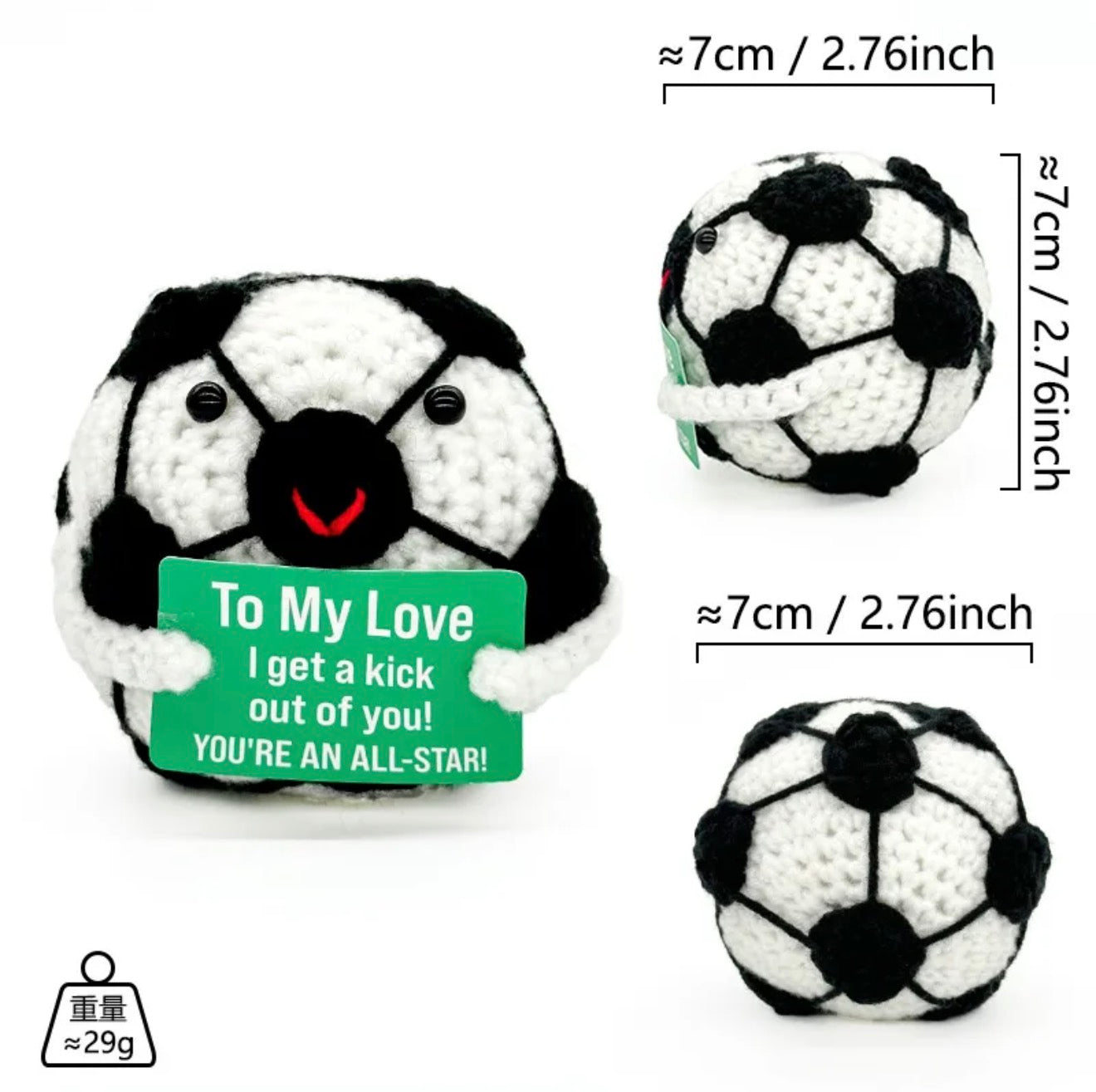Crocheted soccer ball plush toy with a heart and text, shown with measurements on a white background.
