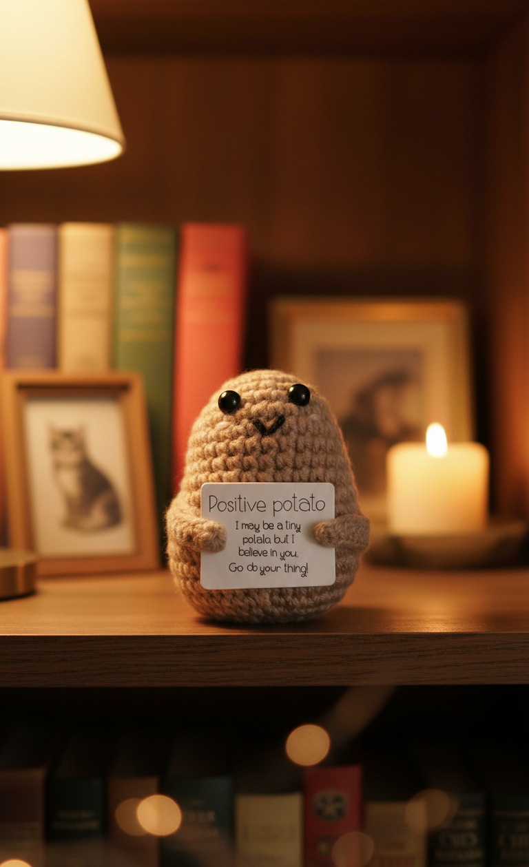 Crocheted potato plush toy with a message tag on a shelf with books and a candle.