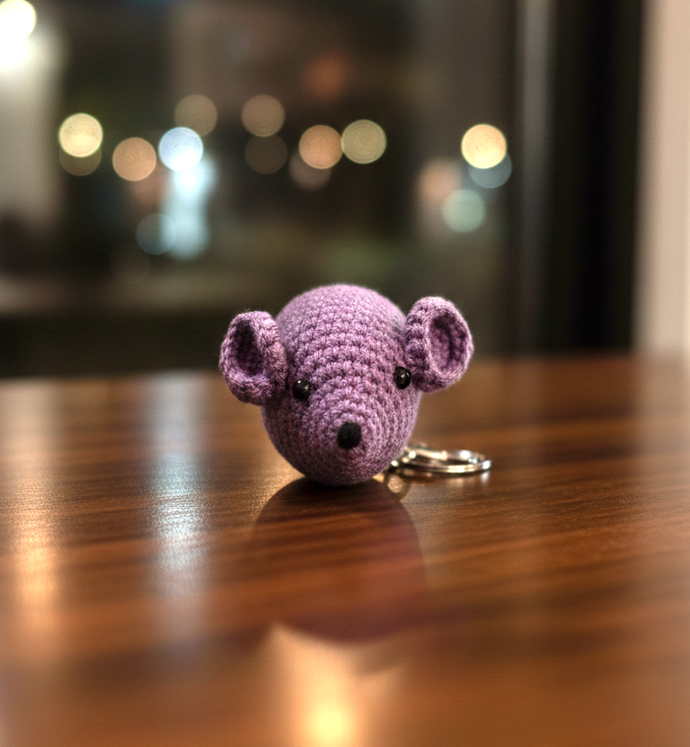 Purple crochet mouse keychain on a wooden surface with blurred lights in the background