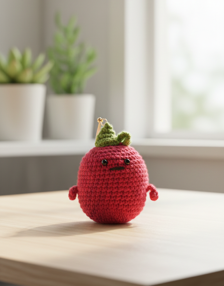 Crocheted strawberry plush toy on a wooden surface with a neutral background