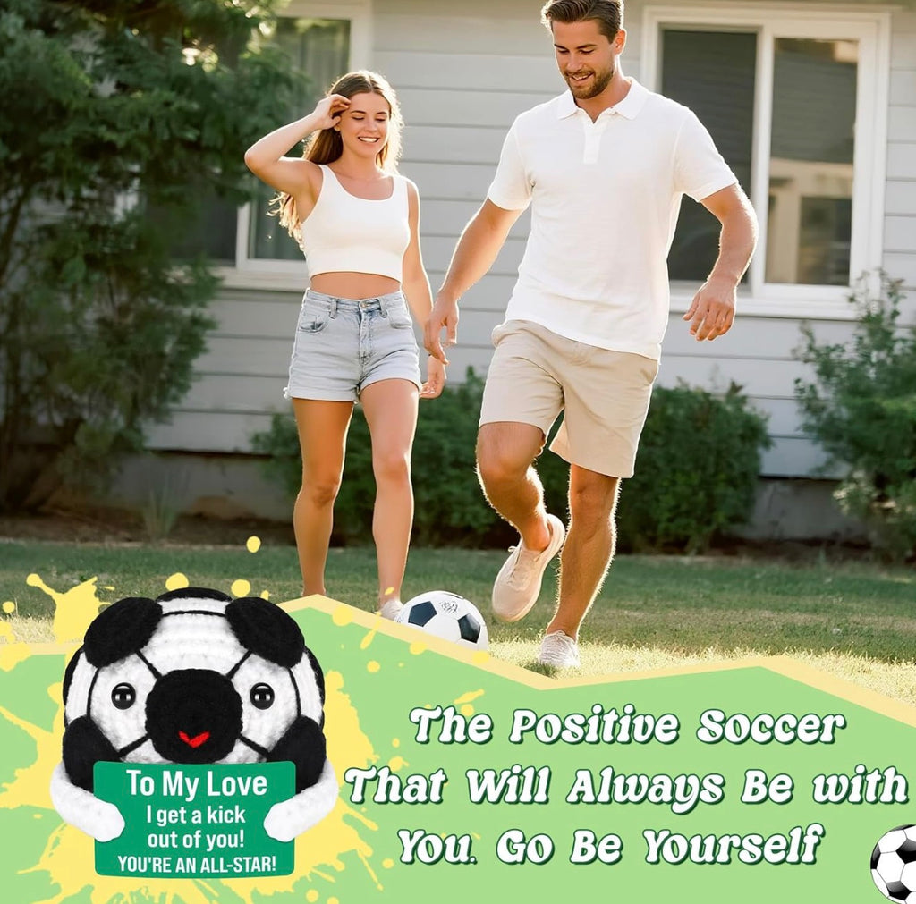 Man and woman walking outdoors with a plush soccer ball toy, text overlay.