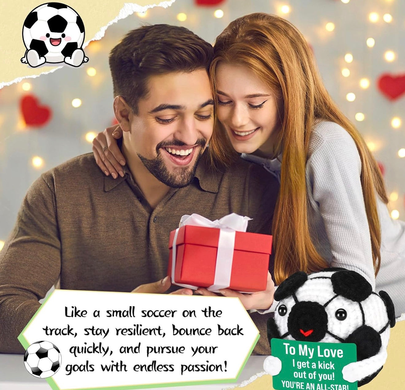 Couple with a gift and soccer-themed plush toy, surrounded by heart decorations.