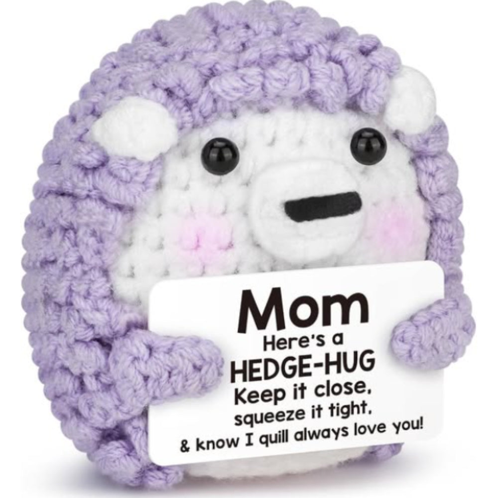 Plush hedgehog toy with a purple sweater holding a card that reads 'Mom, here's a hedge-hug...'