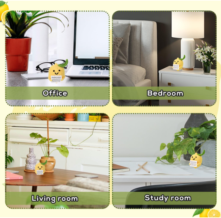 Collage of four different room settings labeled 'Office', 'Bedroom', 'Living room', and 'Study room'.