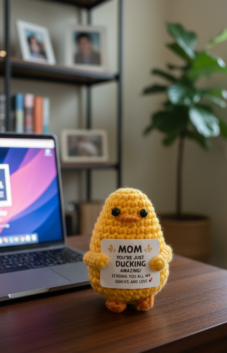 Small yellow plush toy with a message card in front of a laptop on a desk.