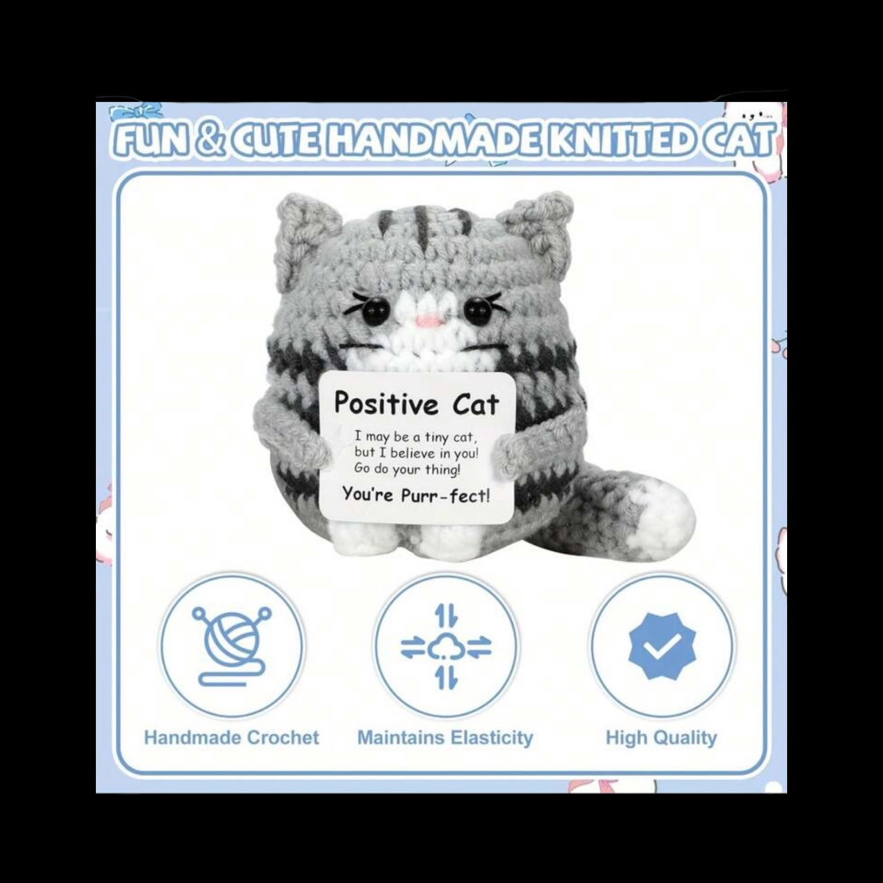 Handmade knitted cat toy with a label on a black background