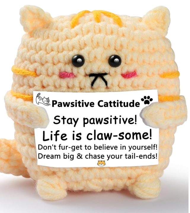 Crocheted cat toy with a motivational message on a white background