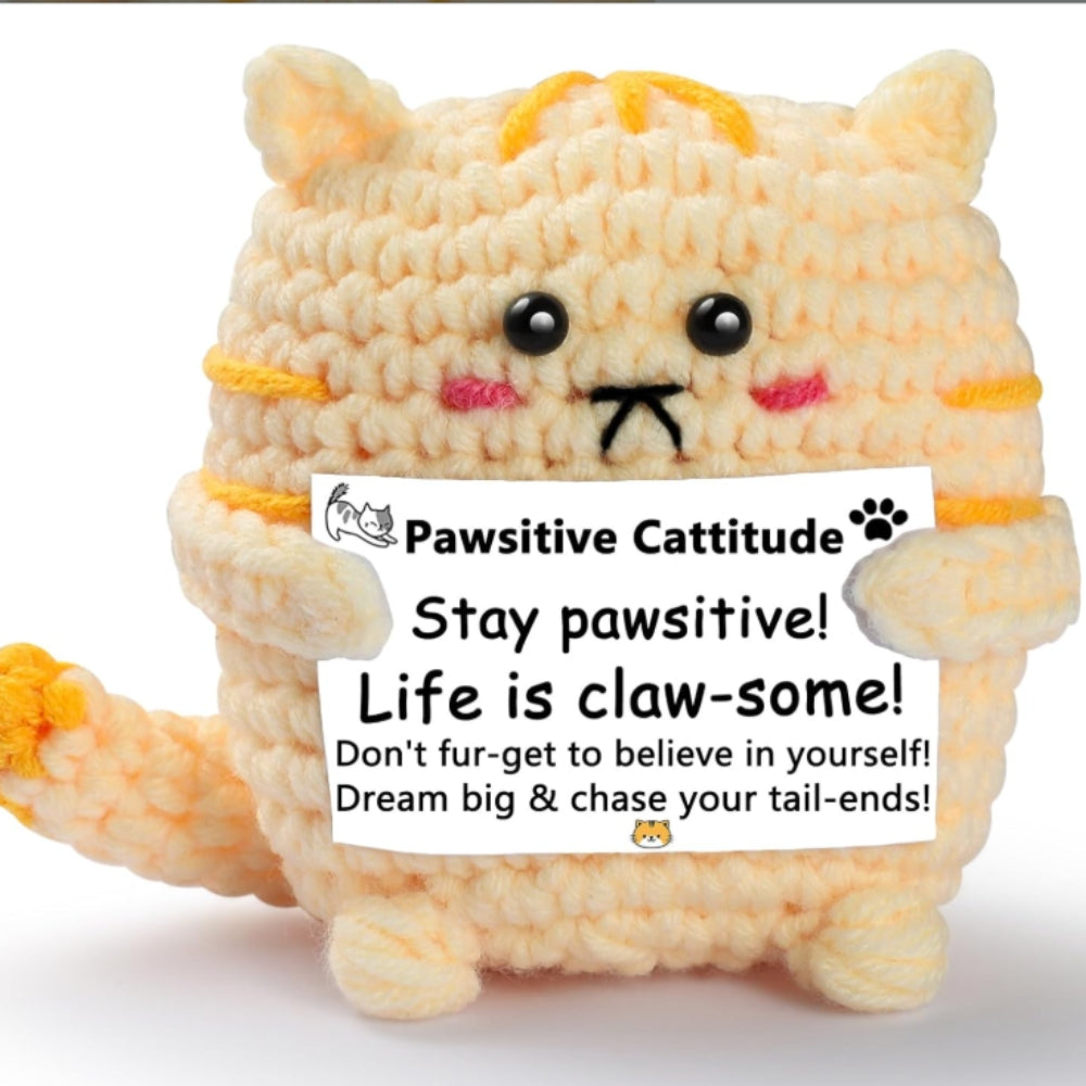 Positive Cattitude Crochet Plush Cute Cat with Uplifting Message