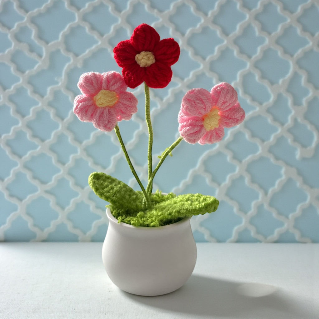 Handmade Crochet Pink Flower Pot Mini Desk & Home Decor