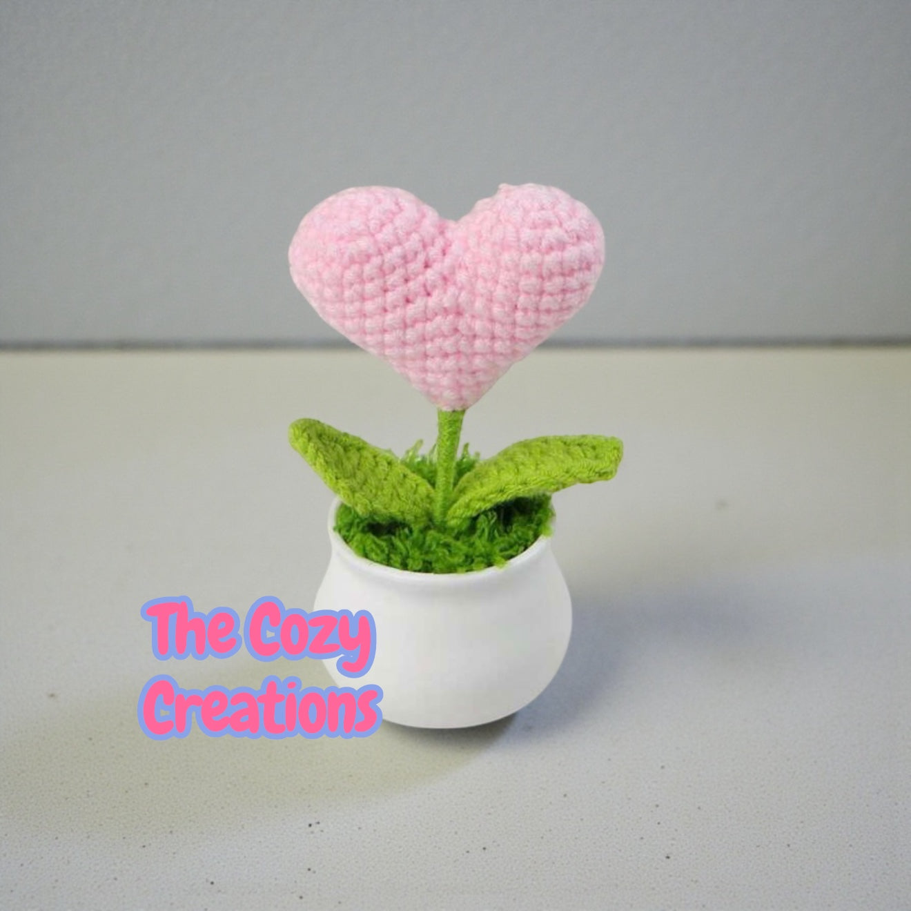 Heart-shaped pink flower in a white pot with green leaves on a gray background, branded 'The Cozy Creations'.