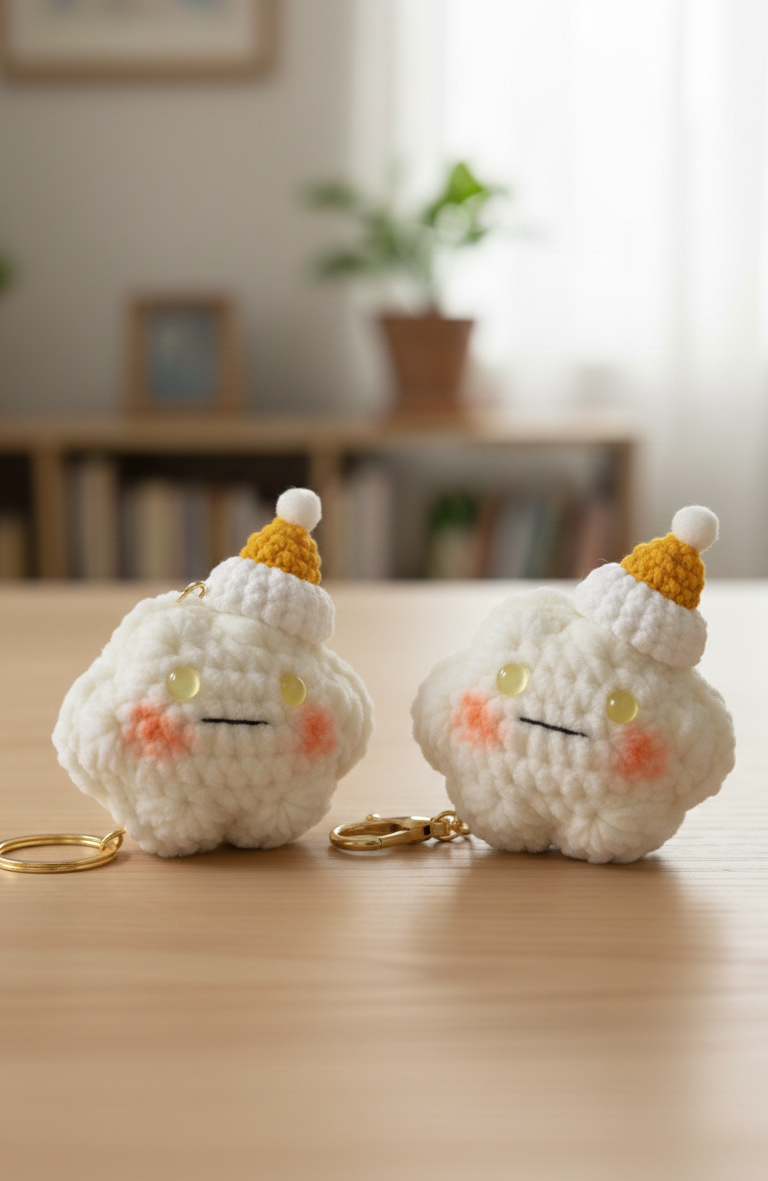 Two white cloud-shaped keychains with small yellow hats on a wooden surface.