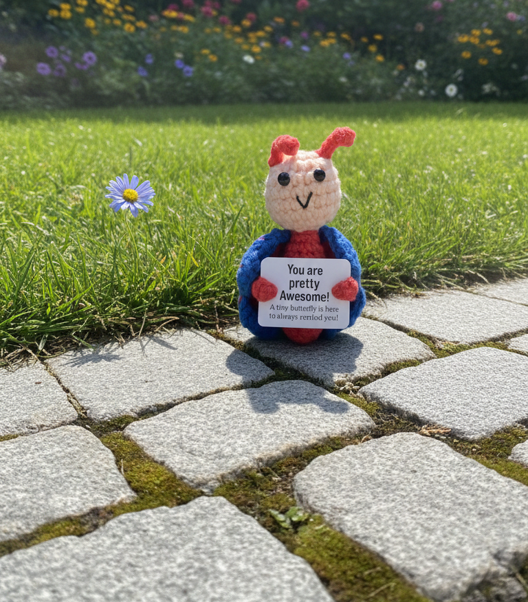 Small plush toy with a message card on a paved path with flowers in the background