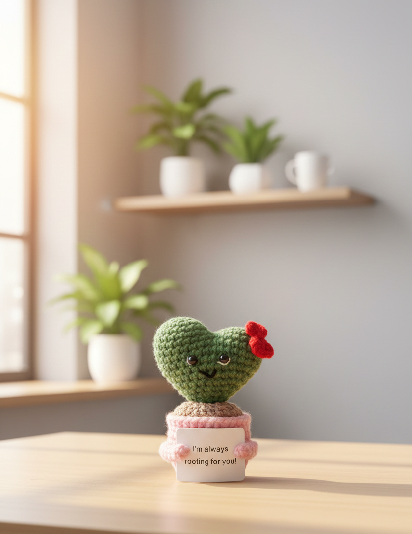 Crocheted heart-shaped plant with a red flower on a wooden table, with plants in the background.