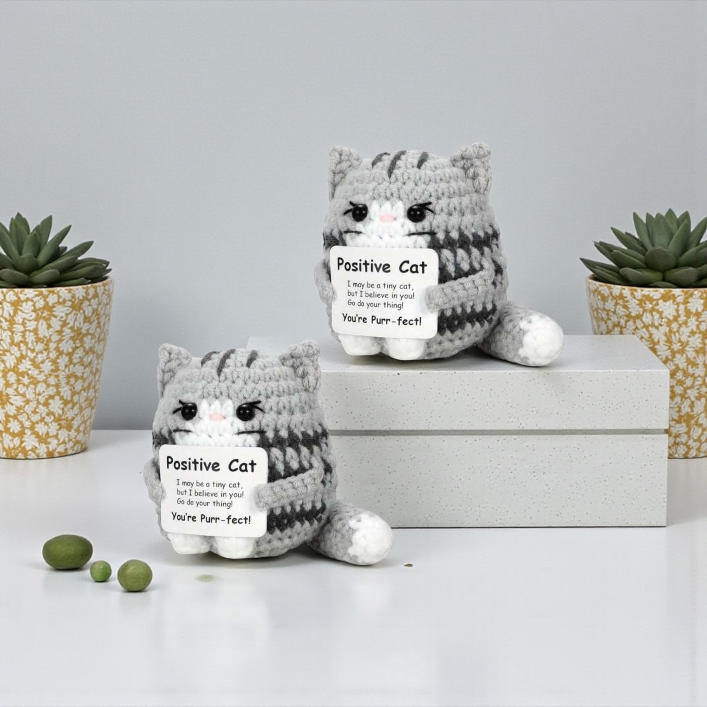 Two crocheted cat toys with 'Positive Cat' signs on a white surface with plants in the background.