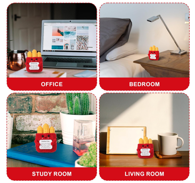 Four different settings with a red container labeled 'Fries' in each, including office, bedroom, study room, and living room.