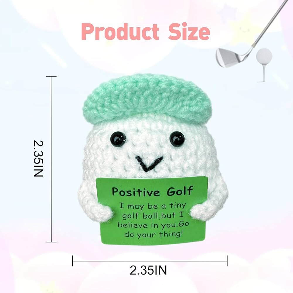 Small plush toy with a green hat and sign, labeled 'Positive Golf', with measurements on a light background.