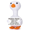 Crocheted goose toy with a motivational message on a white background