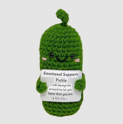 Crocheted pickle plushie holding a sign on a white background