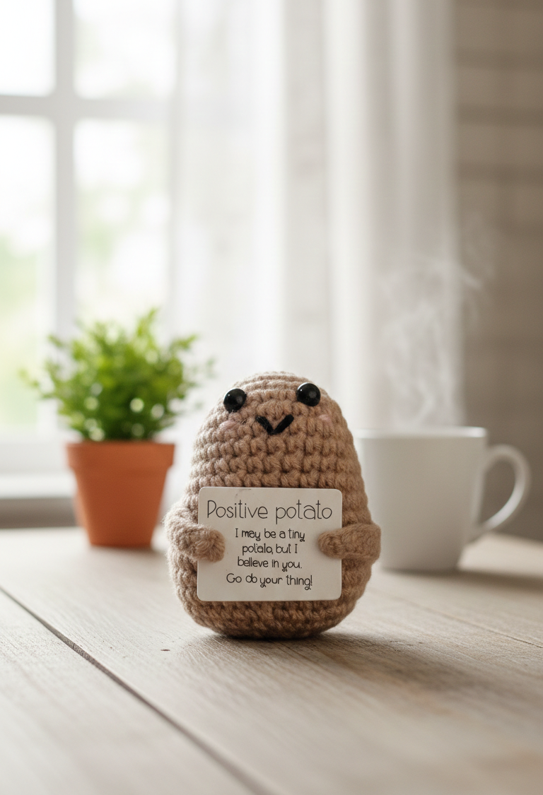 Crocheted 'Positive Potato' plush toy on a wooden surface with a cup and plant in the background.