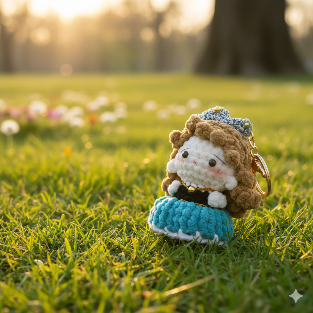 Crocheted keychain of a character in a dress on grass with flowers in the background