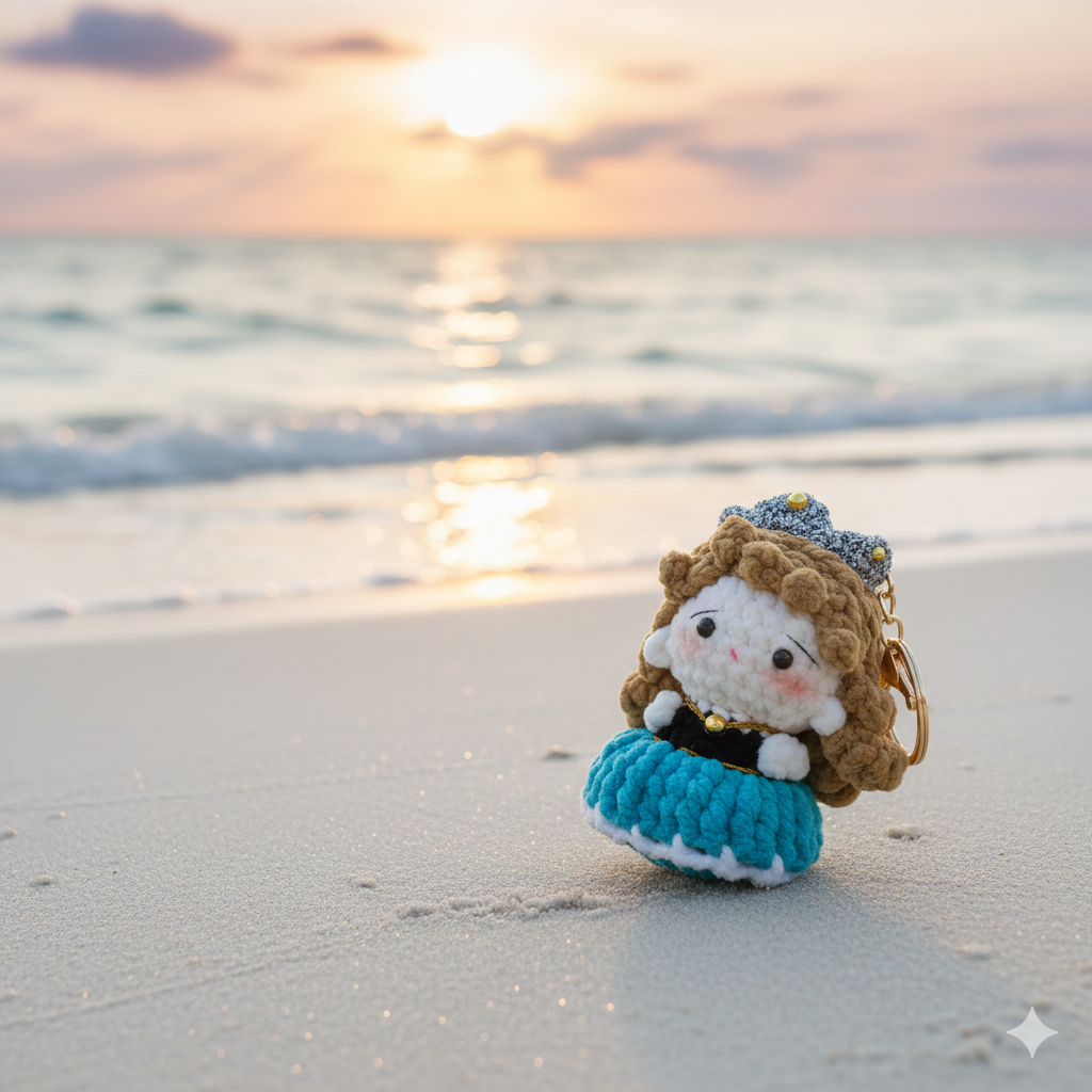 Small crocheted doll with a blue dress and crown on a beach at sunset.