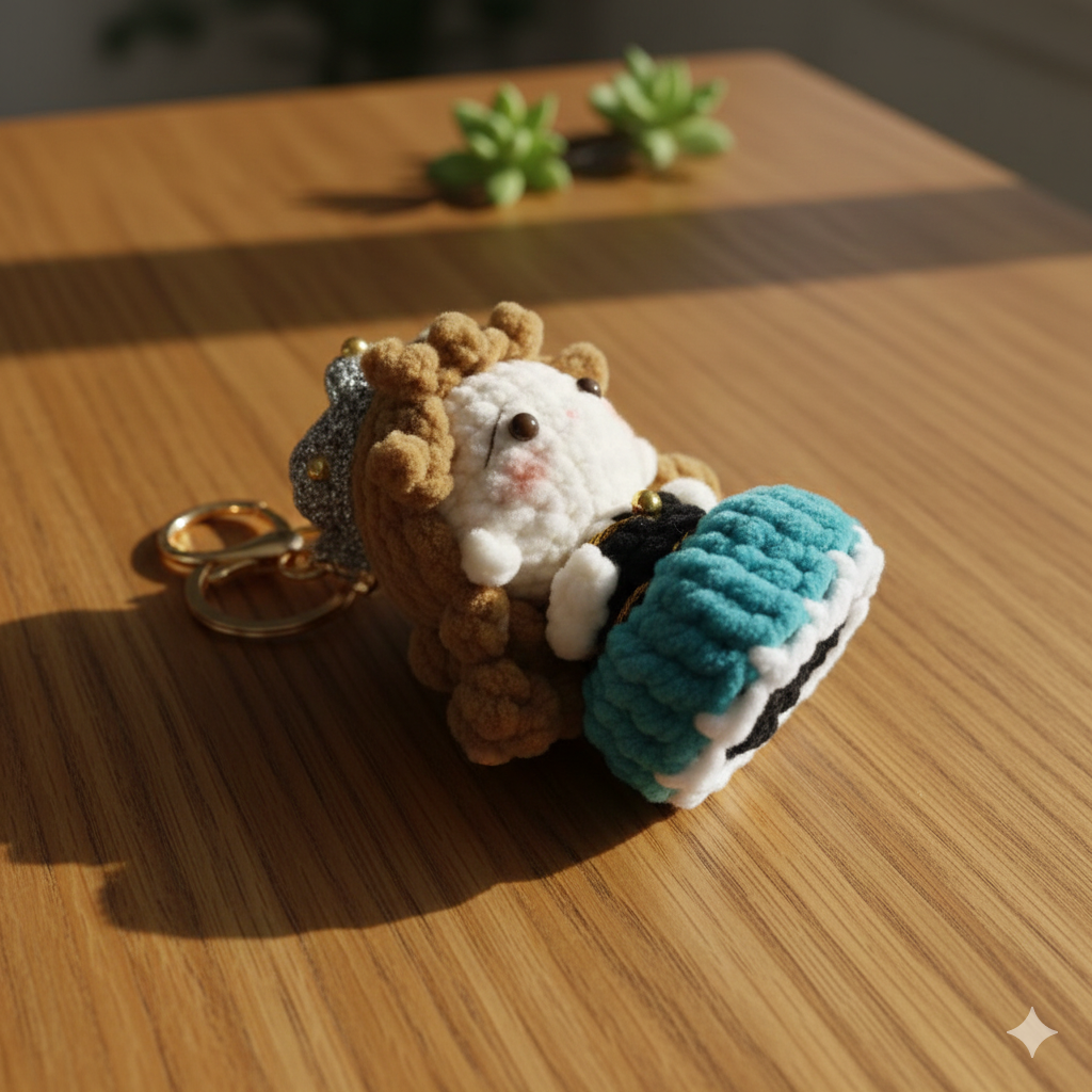 Crocheted keychain shaped like a cat with a blue blanket on a wooden surface