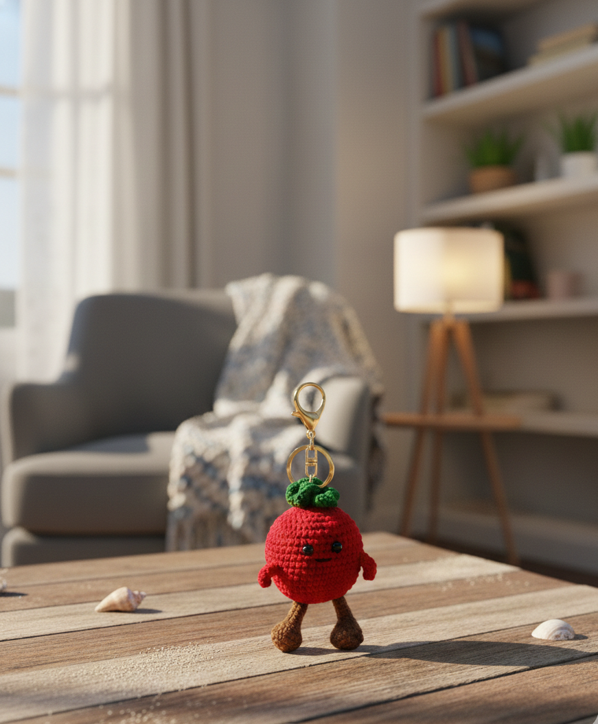 Red crochet keychain with a green top on a wooden surface in a living room.