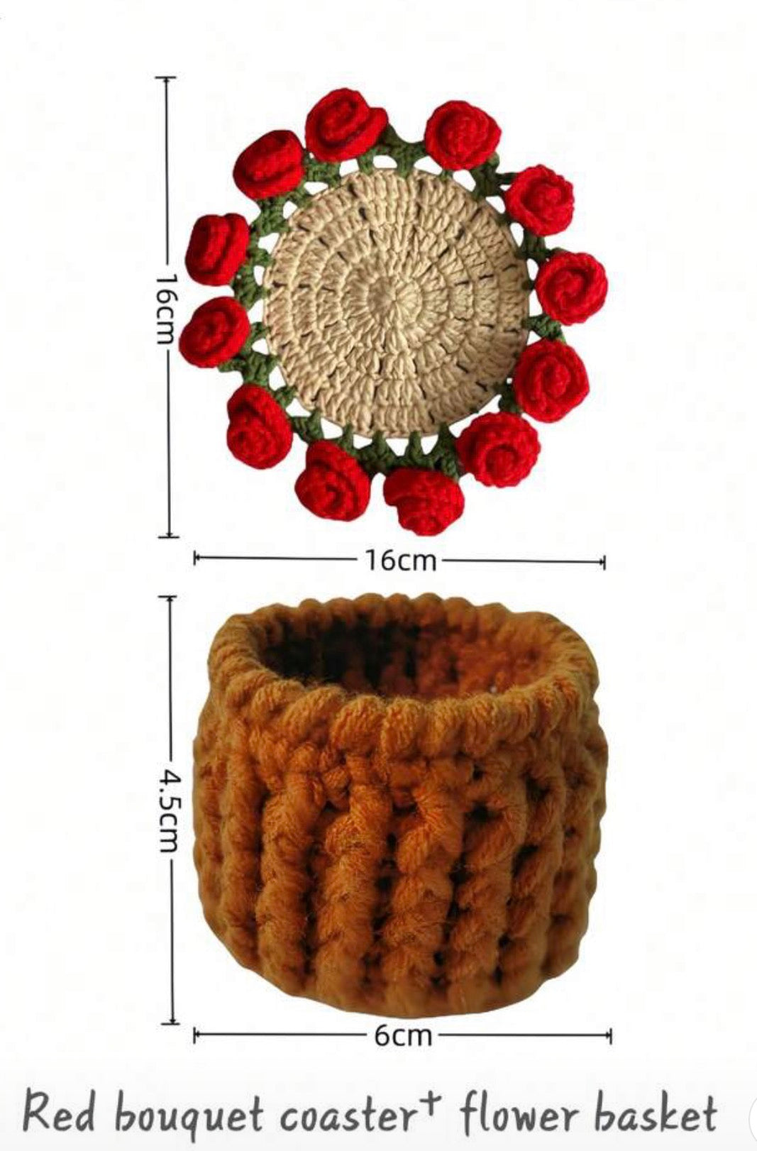 Crocheted coaster with red roses and flower basket with dimensions on a white background