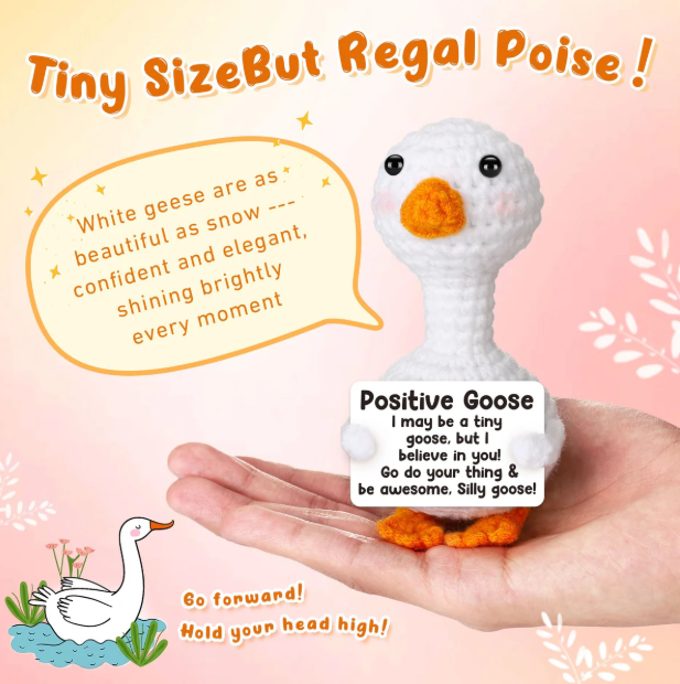 Small crocheted goose toy held in a hand with motivational text on a pink background