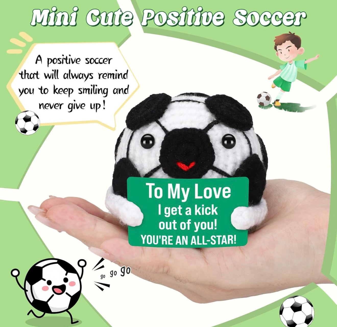 Plush soccer ball with a message card held in a hand, surrounded by soccer-themed graphics and text.