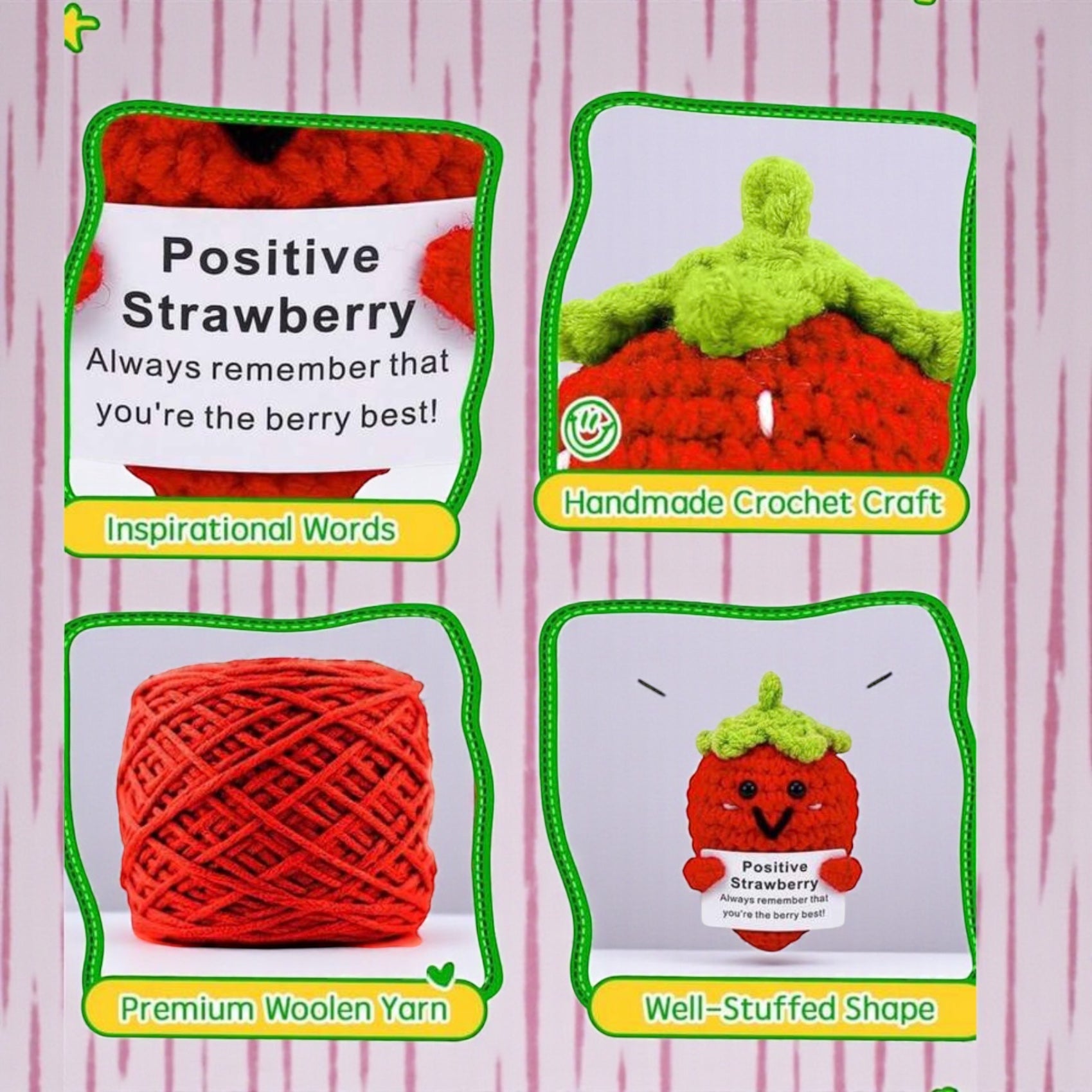Crocheted strawberry toy with packaging featuring yarn and inspirational message on a pink background.